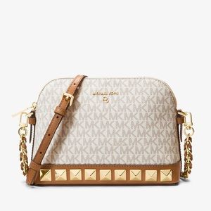 Michael Kors Small Leather Signature Gold-Studded Dome Crossbody Bag